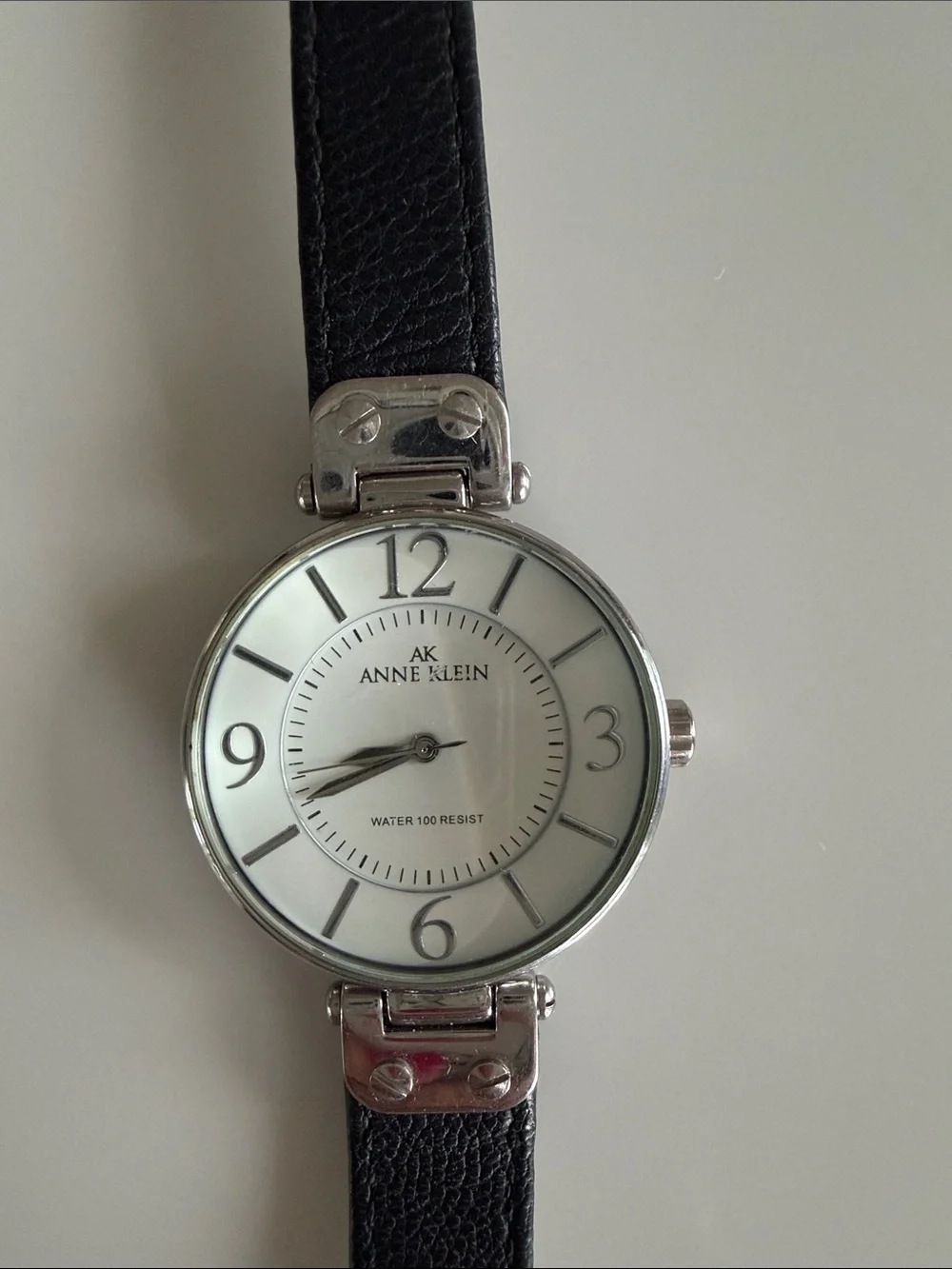 Anne Klein Black Leather Strap Silver-Tone Dial Watch